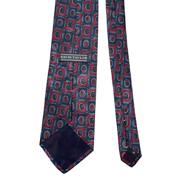 David Taylor Men's Red Blue Geometric Classic Polyester Necktie - Picture 3 of 5